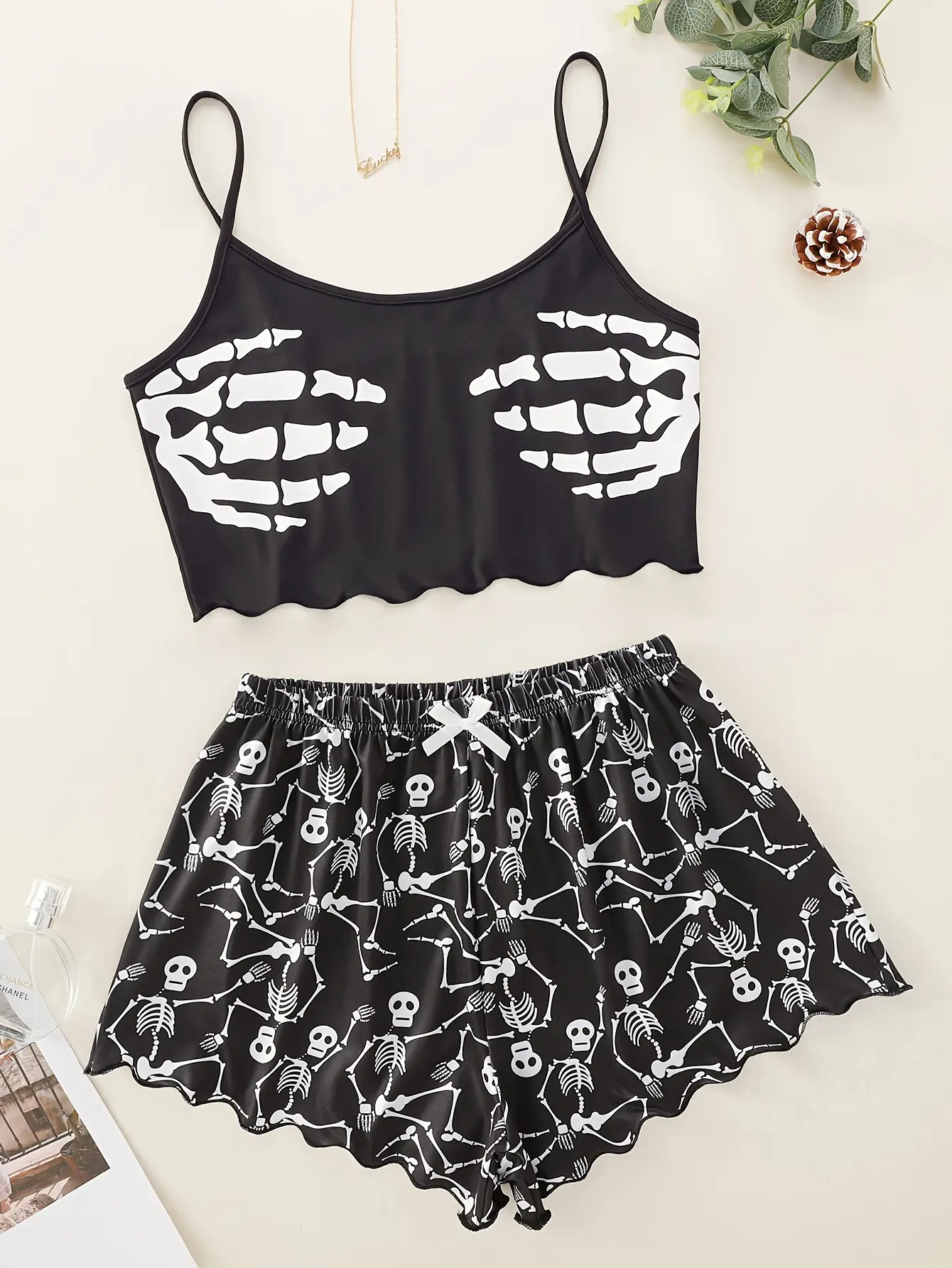 Skull Palm Print Garter Top and Skull for Man Print Shorts Pajama Set
