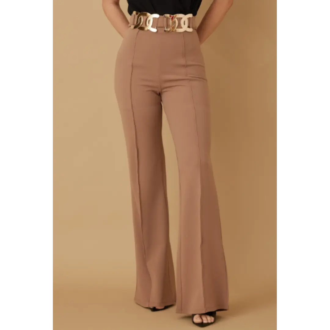 HIGH WAIST GOLD BUCKLE HARDWARE DETAILED FASHION PANTS Comfort Fit