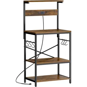 Kitchen Bakers Rack with Power Outlet, Coffee Bar Table 4 Tiers, Kitchen Microwave Stand with 6 S-shaped Hooks, Storage Shelf Rack for Spices, Pots and Pans - Rustic Brown