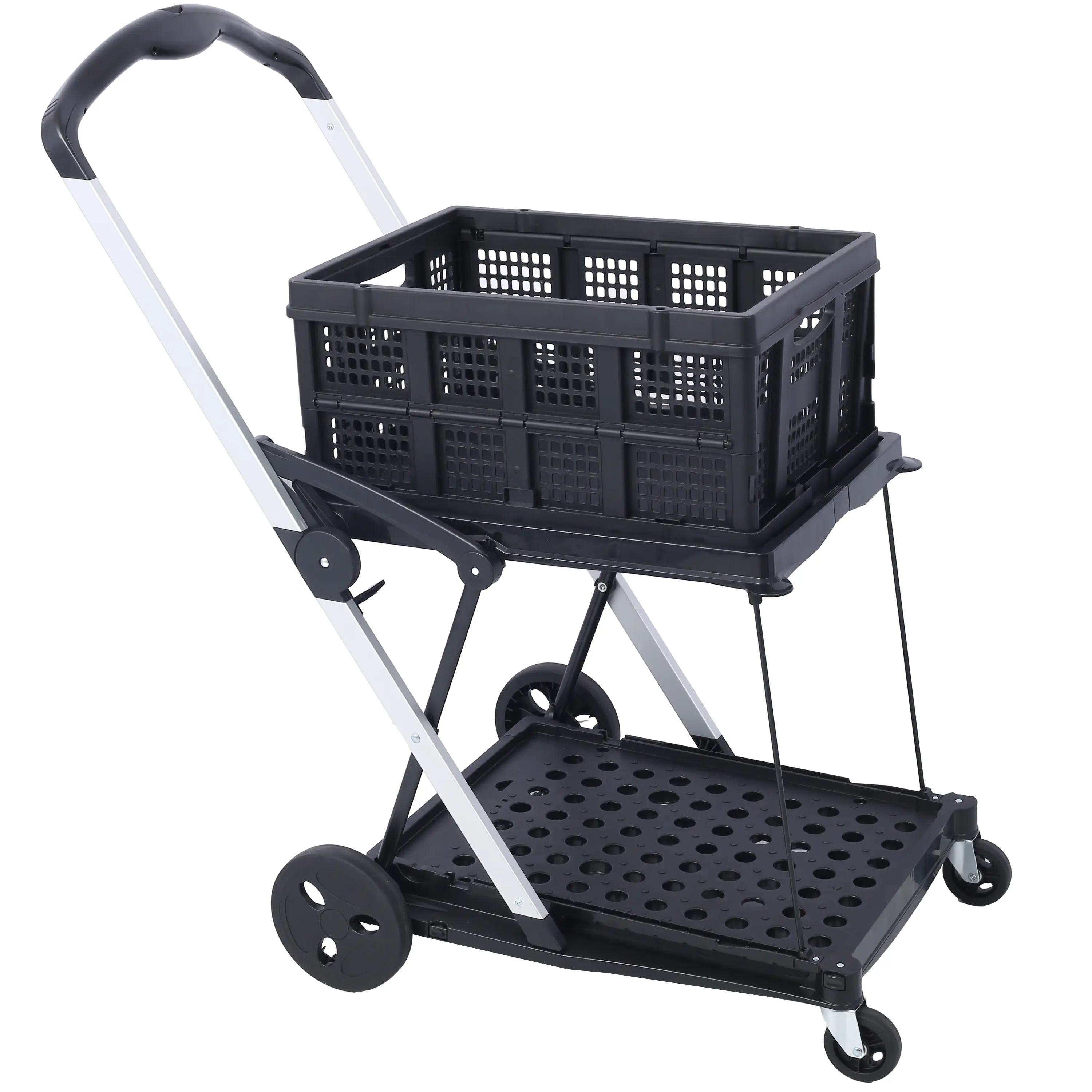 2-Tier Collapsible High-Capacity Utility Shopping Cart, Durable Frame with Foot Brake, Detachable Storage Baskets, 360° Swivel Wheels, Portable Convenience Trolley