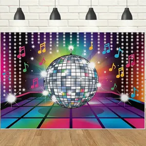 1pc 2D Disco Dance Party Theme Banner, Shiny Disco Ball with Music Notes & Neon Lights, Retro Party Vibe, Perfect for Disco Nights, 70s/80s Themed Events & Dance Parties Decor Backdrop