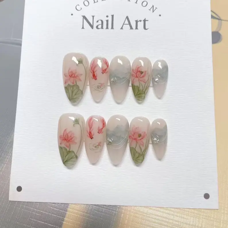 Press-On Nails, Hand-Painted Lotus Fish Design, Reusable Artist-Crafted Faux Nails for Beauty & Personal Care