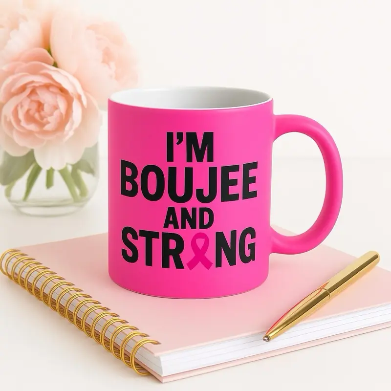 Boujee & Strong Breast Cancer Awareness Mug 11oz Pink Ceramic Coffee Cup Reusable with Handle Matte Washable Gift Idea for Coffee Tea Self-Care Drinkware Beverage Reuse Tumbler