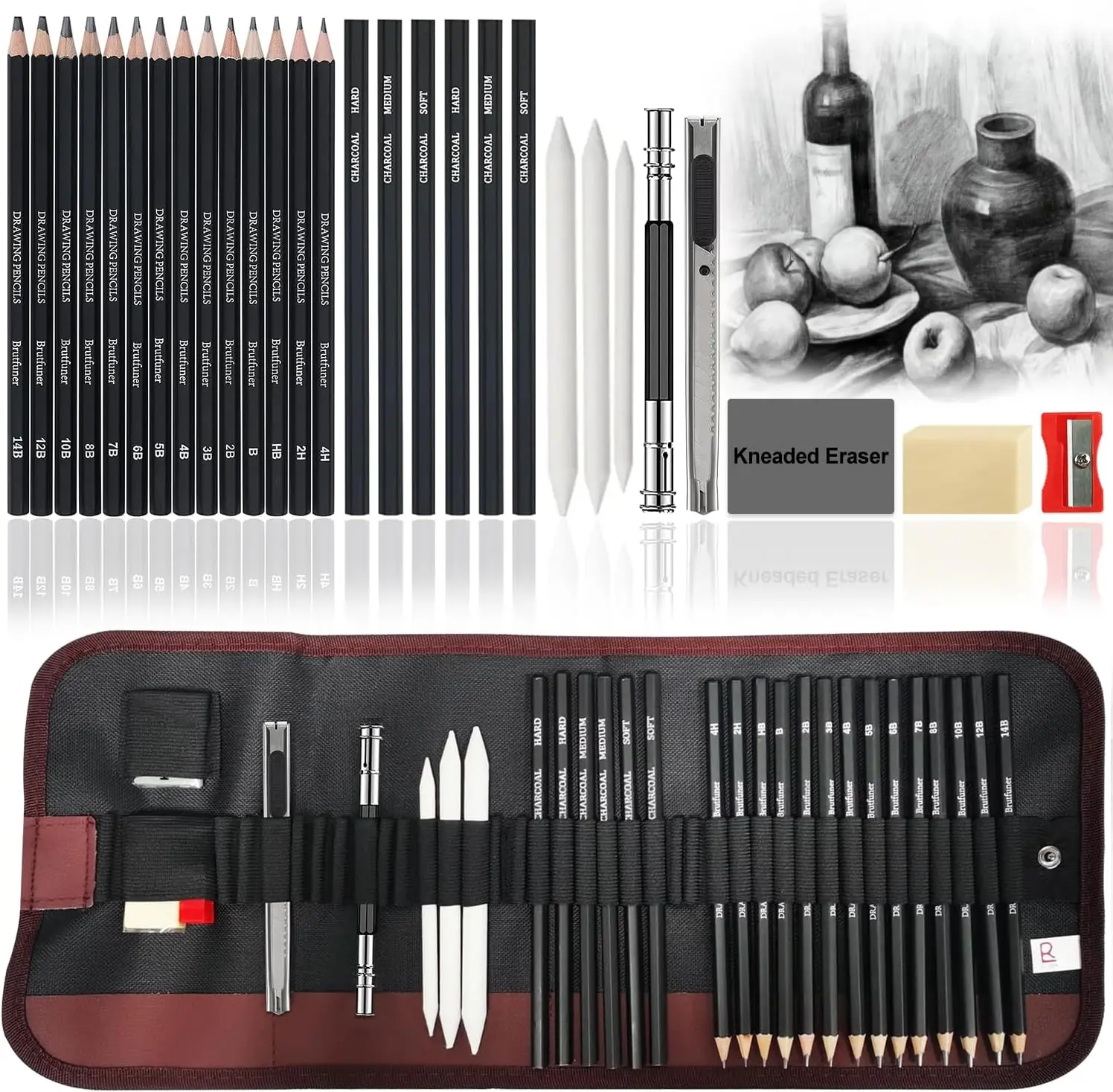 Drawing Sketching Pencil Set, 29 pcs Draw Supplies Kit, 14 Graphite , Charcoal Erasers Sharpener Extender, Ideal for Drawing Art, Sketching, Shading