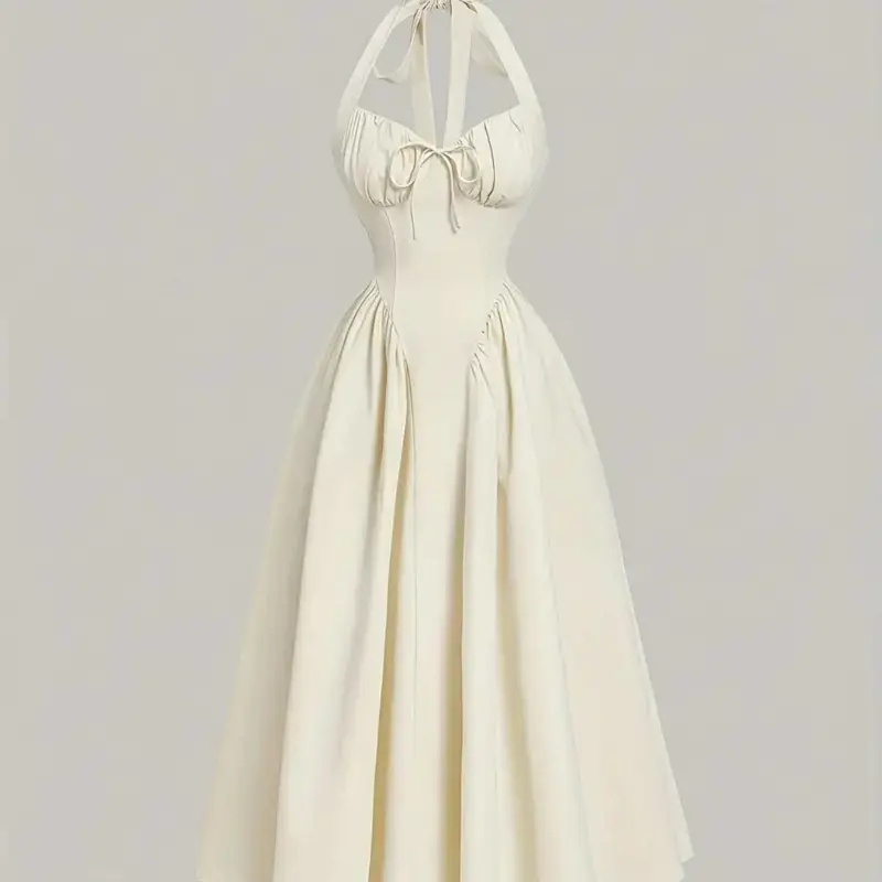 Vintage Muse Halter Midi Corset Dress Ivory Elegance - Classic Design with Elegant Neckline and Flowy Silhouette