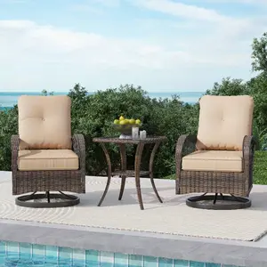 Outdoor Swivel Rocker Bistro Set - 3 Piece Wicker Patio Set with 2 Swivel Rocking Chairs, Cushions, and Tempered Glass Side Table, Perfect for Porch, Garden, Backyard, Poolside (Khaki)