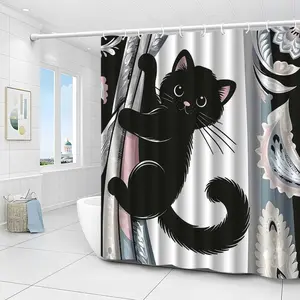 Cute black cat pattern forest shower curtain design, polyester fabric, windows and walls, bathtub, bathroom home decoration shower curtain, all season universal shower curtain, bathroom decoration curtain, with 12 hooks