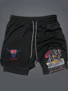 Men's Cowboy Shorts, Cross & Letter Print Design, 2-In-1 Drawstring Waist, Loose Fit, Casual Shorts, Short Pants for All Seasons, Anime Graphic Gift