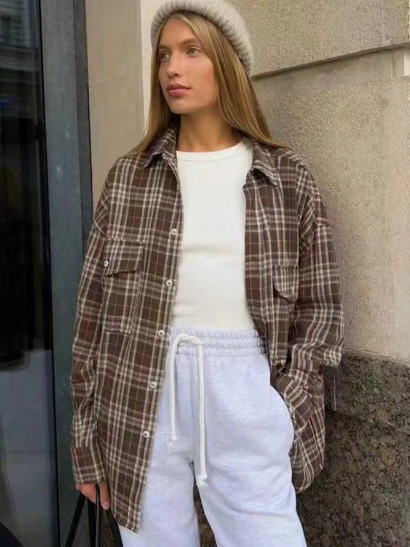 Vintage Caramel Plaid Oversized Loose Fit Long Sleeve Casual Button Up Shirt, Womenswear, Casual Layering Top, Comfortable and Stylish, Perfect for Daily Wear