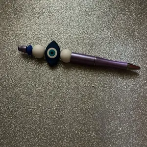 Evil Eye Beaded Pen Handmade Protection Good Luck Writing Tool with Blue Charm White Beads Purple Barrel Refillable Stationery Gift