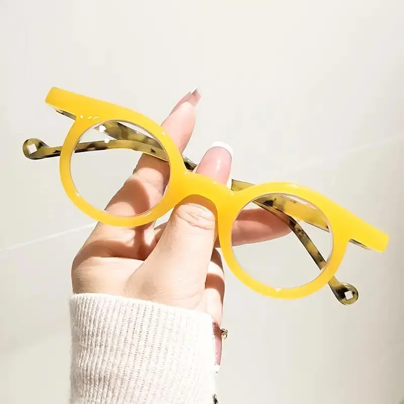 HAITONGCR Round Reading Glasses, Unisex Blue Light Blocking Eyeglass Specs with Anti-Glare HD Lenses, Durable and Lightweight PC Frame in Red & Yellow, High Quality Eyewear, Metal, Full Rim, Computer Use