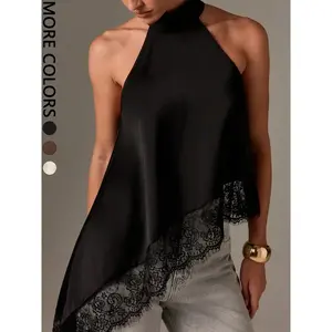 1-piece women's black satin camisole with asymmetrical lace hem, suitable for romantic evening wear and eleganceRAIMENTRY