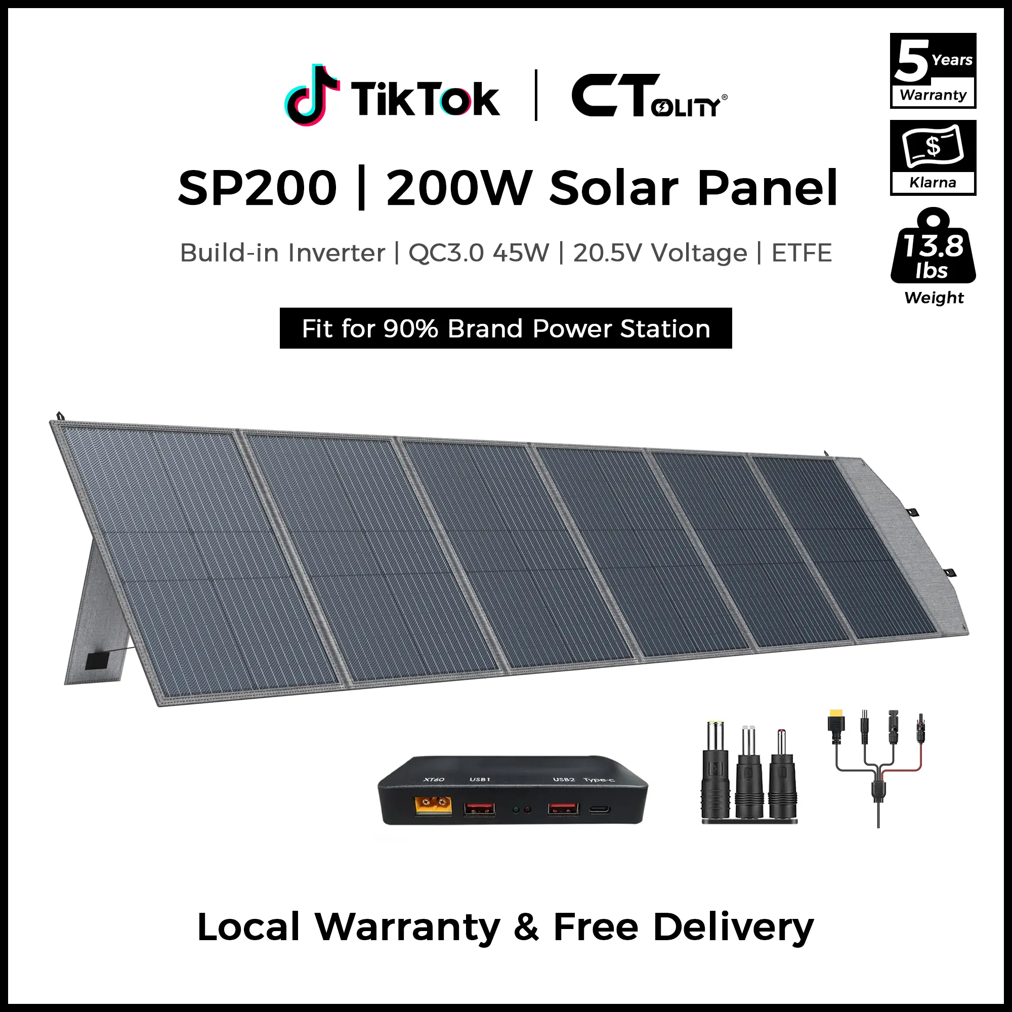 [TikTokShopBackToSchool]CTOLITY SP200 200W Portable Solar Panel, Foldable High-Efficiency Solar Charger with USB & MC4, 45W Fast Charging, Durable Waterproof Design for Solar Generators, RVs, Camping, Outdoor Use