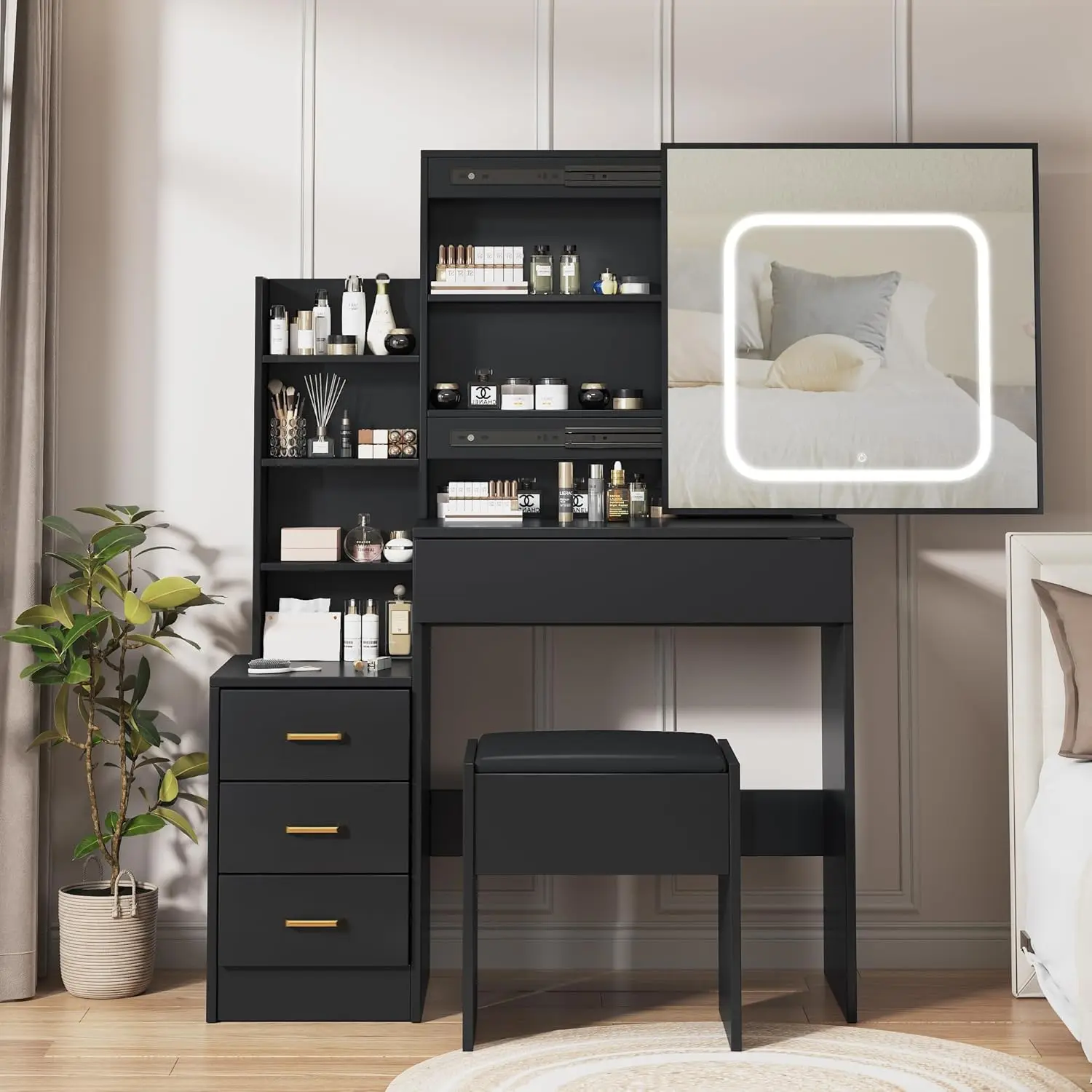Vanity Desk With Mirror and LED Lights - Makeup Vanity Desk With Sliding Mirror/Power Outlet - 3 Color Adjustable Light - Dressing Table With 4 Drawers - Storage Shelves and Stool for Bedroom - Black