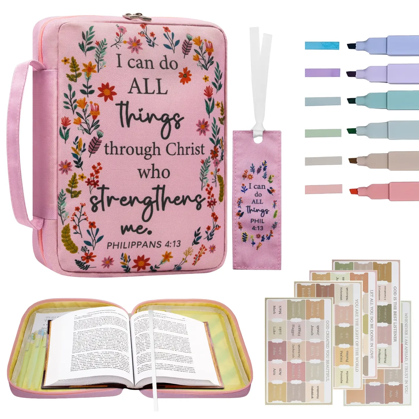Women's Pink Floral Print Bible Cover for Ladies - 6 Highlighters, Tabs, Handle, Zipper Closure, Pen Slots, Large Practical Capacity Church Book Organizer for Church Events, On-the-Go Use, Christian Gift