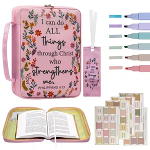 Bible Cover for Women【w/6 Highlighters & Tabs】Pink Floral Scripture Case with Handle, Zipper and Pen Slots, Large Capacity Church Book Organizer, Christian Gift for Ladies, Travel Bible Bag