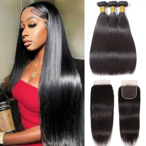 【Buy 3 Get 4】VIPbeauty 14A Human Hair Bundles Straight/Body/Water Wave/Deep Wave Bundles Human Hair 100% Unprocessed Brazilian Virgin Hair 3 Bundles With Closure Quick Weave Extensions Natural Black