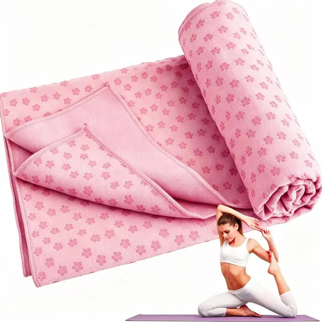 Yoga towel, Yoga accessories, PVC plum blossom dot non-slip, Grip and sweat-absorbing yoga mat towel, sports sweat-absorbing towel for home and public gym use, foldable non-slip yoga mat, suitable for yoga, Pilates, fitness, stretching, Workouts
