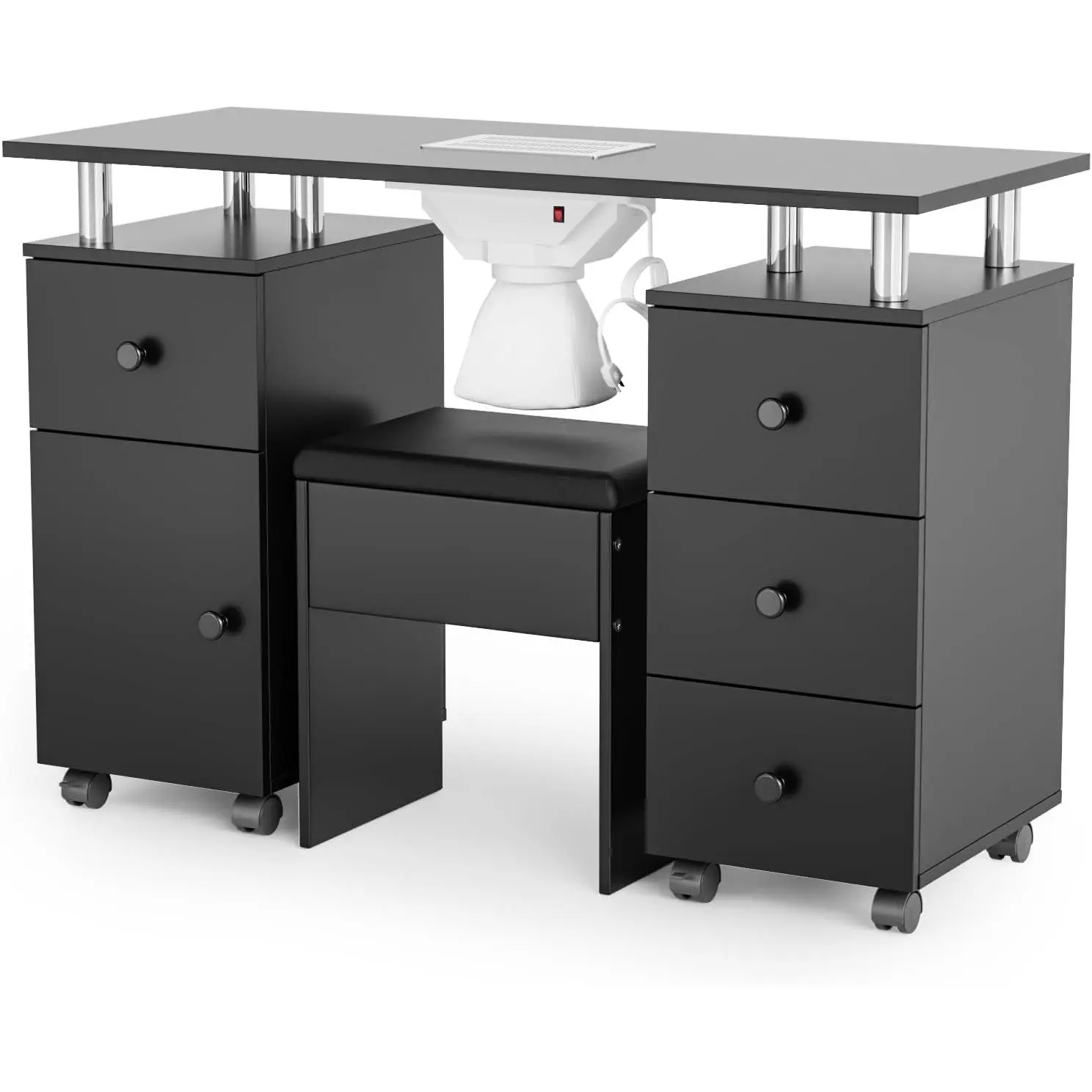 OmySalon Sturdy Nail Desk and Chair Set - Rolling Manicure Table with MDF Top, Dust Collector, Detachable Wrist Rest, 8 Move & Lock Wheels, Drawers, Cabinet Storage, Compact Design for Small Spaces, Nail Table
