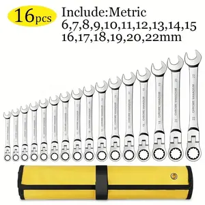 16pcs Heavy-Duty Cr-V Steel Adjustable Head Wrench Set 6-26mm 72-Tooth Ratchet Double-Ended Socket Kit with Rolling Case Metric Imperial Compatible for Home Auto Mechanical Ideal Gift for Mechanics