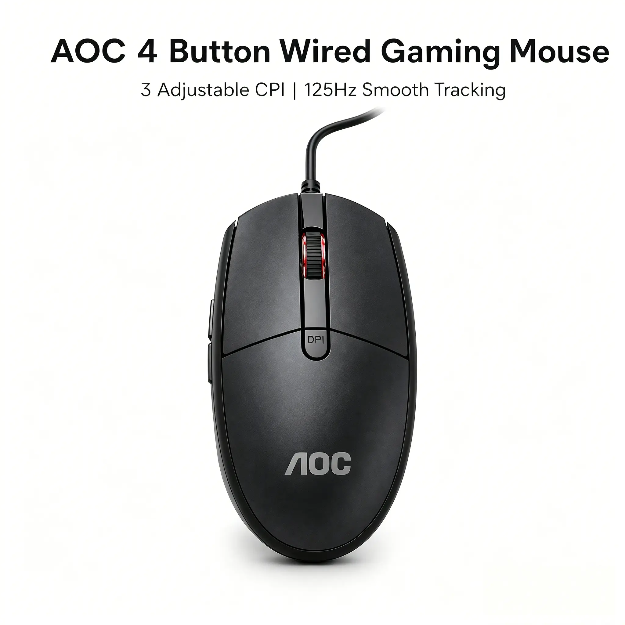 AOC Minimalist Black USB Optical Wired Mouse, 4 Operation Buttons For Page Switching, 3 Levels DPI Adjustable,  Left & Right Buttons Support 3 Million Clicks, 1.5m Wear Resistant Cable,  Ideal Computer Accessory For Home, Company And Student Dorm