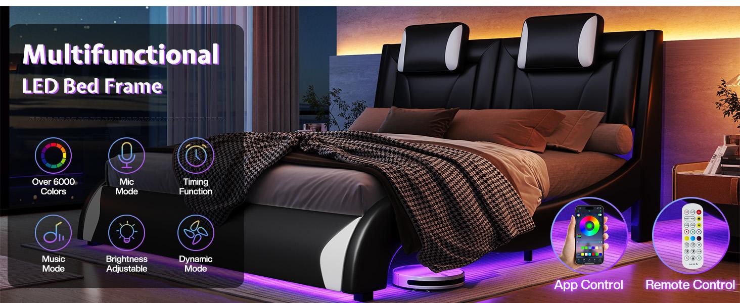 VanAcc Floating Bed Frame with LED Lights, Modern Faux Leather Upholstered Platform Bed, Wave Like Curve Design No Box Spring Needed