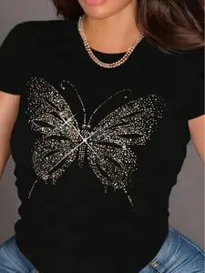 Butterfly Tee - Sparkle Club Shirt, Glitter Graphic Top, Y2K Party Essential,Casual daily wear - personalized short-sleeved T-shirt - soft and comfortable - for daily outings and gatherings.
