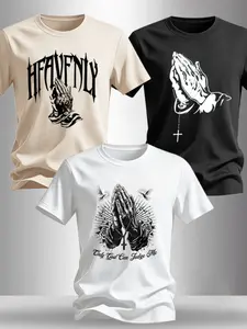 Men's Bestselling Christian Prayer Hand Print T-Shirt, Heaven & Only God Can Judge Me Faith Print Casual Top, Religious Streetwear
