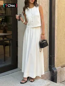 KAYWIDE  Fashion Clothes Plain Elegant Simple Sleeveless Camisole Crop Button Top with Side Split Skirt Set, Casual Style, Natural Waist, Fitted Fit, Long Pants