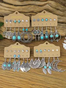 24 Piece Vintage Silver Color Drop Earrings Set, Boho Geometric Waterdrop Leaf Design, Statement Earrings, Versatile Earrings, Geometric Shape, Perfect for Party Beach Vacation Daily Wear Gift