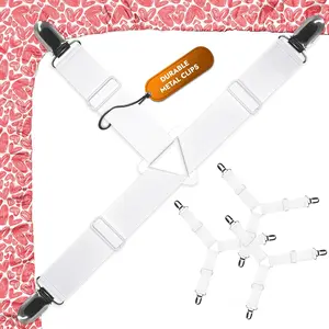 Bed Sheet Straps Set | Easy to Use Adjustable Elastic Fasteners with Metal Clips | Sheet Holders for Corners | Fitted Sheet Clips to Hold Sheets in Place | (4 Pcs White)