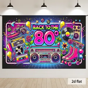 1 Piece 80s Retro Collage Party Banner Tapestry - Vibrant Neon Cozy Polyester Cloth Backdrop, Wall Decor for Birthday Photo Booth Prop, Nostalgic 2D Flat Lay Event Setup