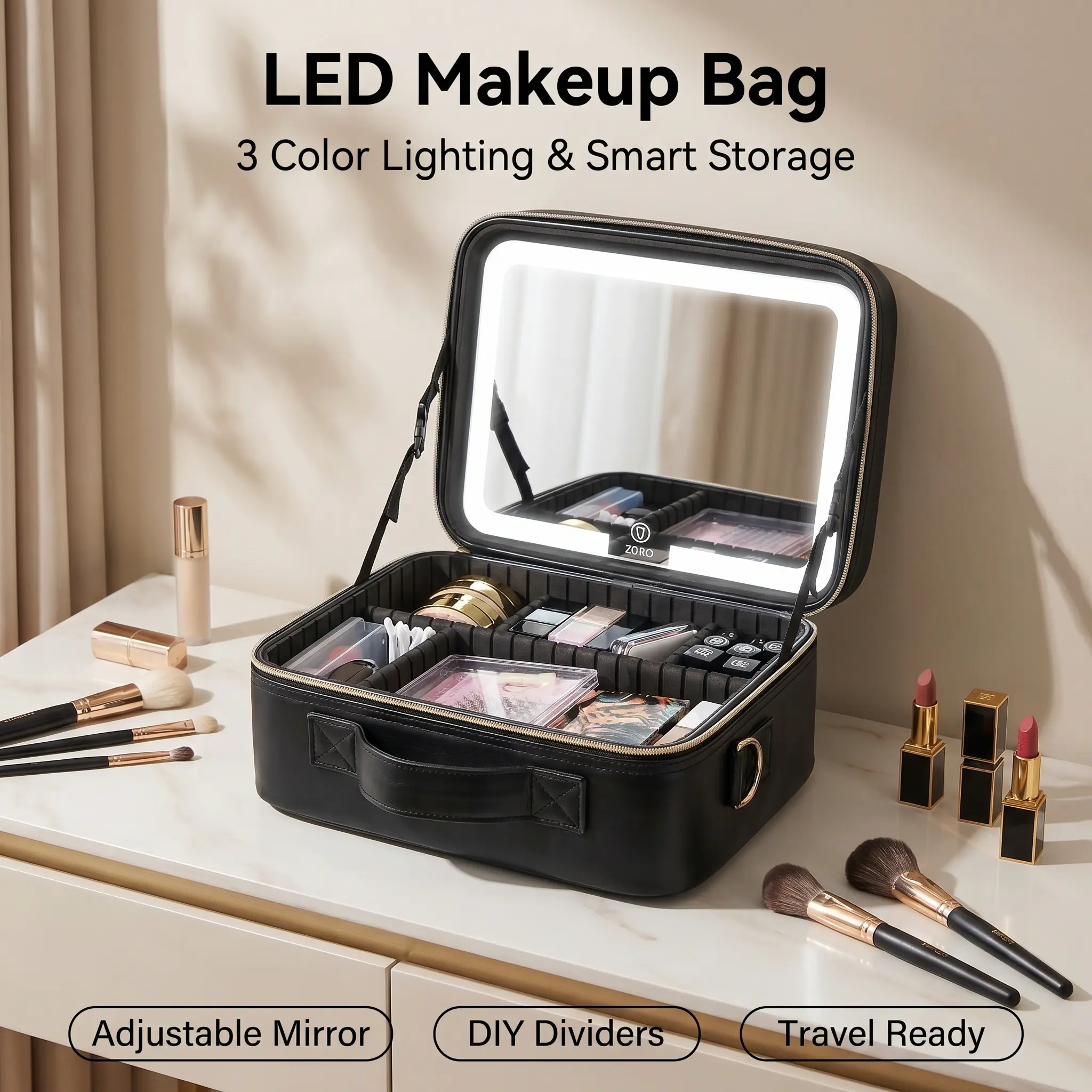 Travel Makeup Bag Cosmetic Bag Makeup Organizer Bag with Lighted Mirror 3 Color Scenarios Adjustable Brightness Luxury light led, Leather Vanity Case with Zipper Closure