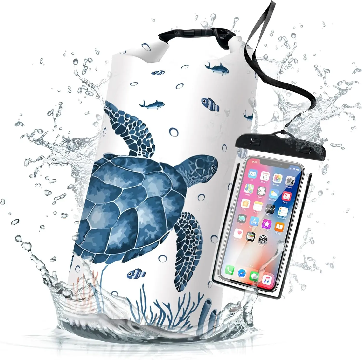 Waterproof Dry Bag,Roll Top Sea Turtle Coral Starfish Waterproof Backpack 5L/10L/20L Floating and Lightweight Bags for Kayaking, Boating, Fishing, Swimming and Camping with Waterproof Phone Case muck