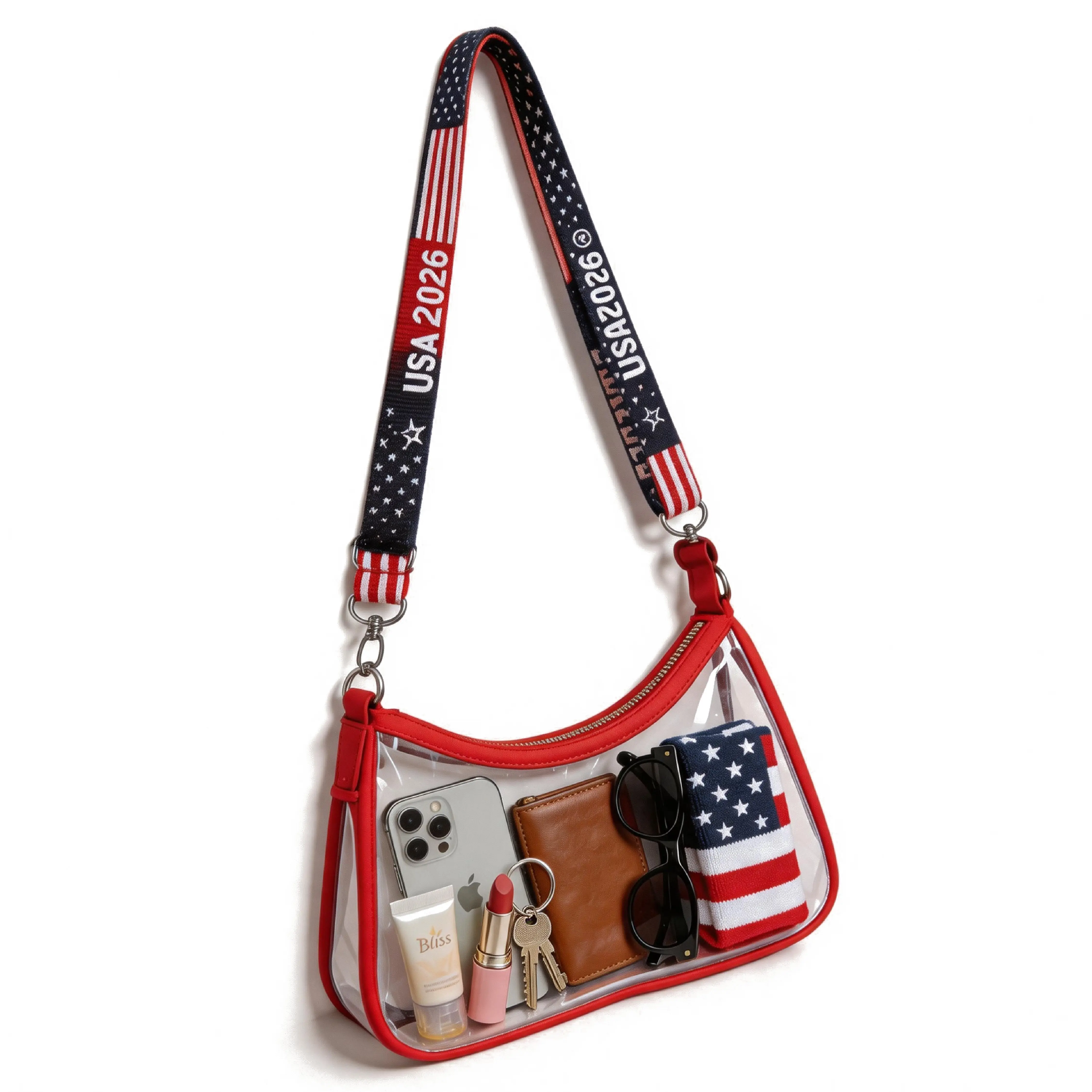 USA Clear Bag, Stadium Approved Shoulder Bag, 2026 Fan Gear, for Gameday, Concerts & Festivals, Transparent Crossbody Purse, Crescent Bag, Adjustable & Replaceable Strap