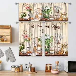 Set of 3 Watercolor Kitchen Curtain Valances Featuring Country Farmhouse Themes with Tableware, Vases, Flowers, And Plants Foldable Colorful Room Divider living Leaf Print Transparent