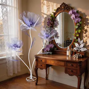 3-Headed Lightweight Mesh Decorative Artificial Floral Set with Leaves - Floor-Placed Home Decor for Trendy Guesthouse Receptions, Wedding Styling