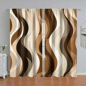2Pcs Modern Abstract Wave Pattern Curtain Panels, Brown Beige Swirl Design, Pole Pocket Style, Semi Sunshade Polyester Fiber, Decorative Window Treatment for Living Room, Bedroom, Balcony, Kitchen, Study, Shower, Accessory, Anti Privacy.