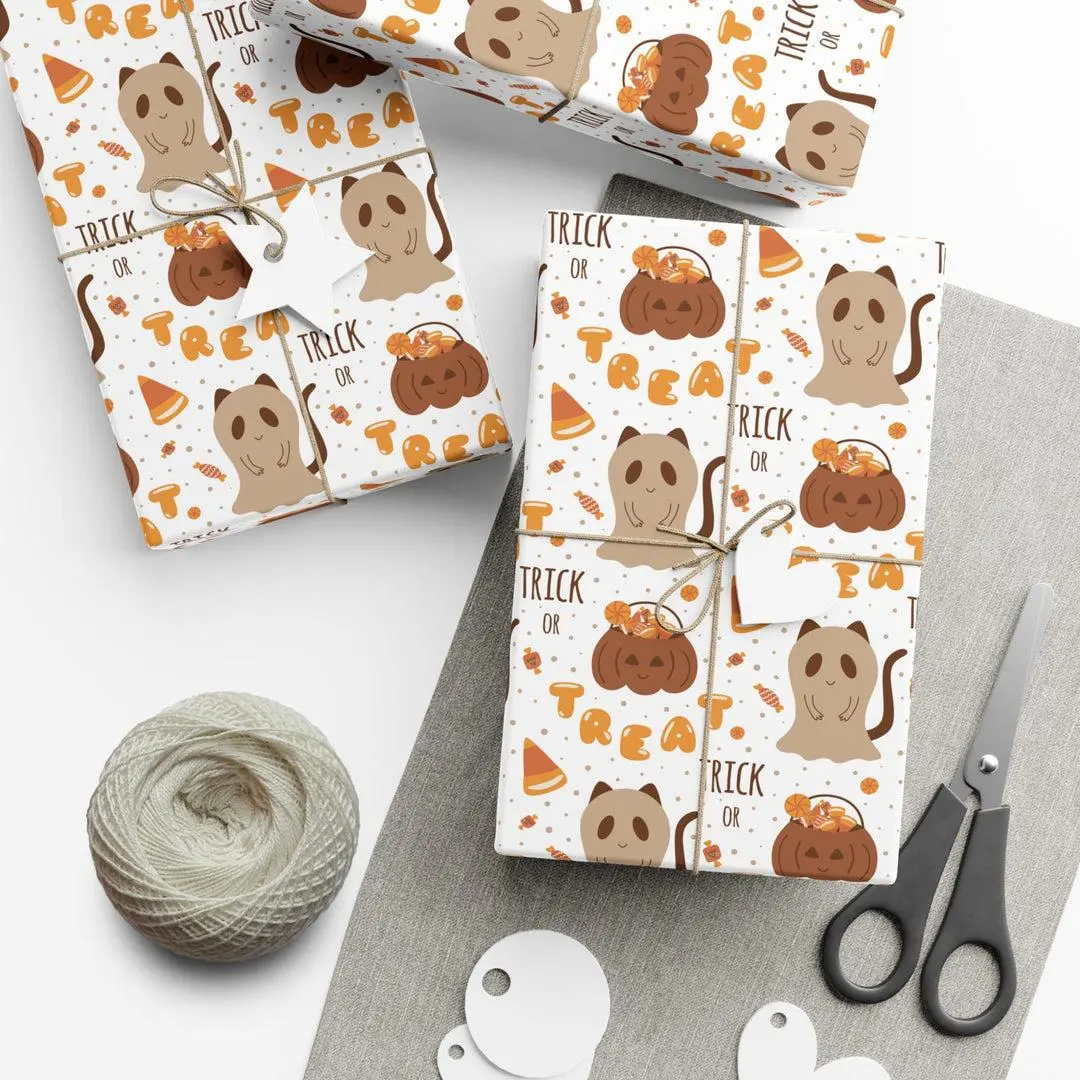Candy Corn Ghost Cat Wrapping Paper, Halloween Gift Wrap