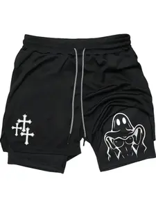 Sexy Lady Ghost Print Menswear 80s 90s Oversized shorts,Graphic 2-in-1 shorts, Athleisure Street Shorts Summer Simple LetterBlack Polyester Fabric ElasticWaistband Drawcord Tropical CasualBreathable Quick-Drying AnimeGraphic Gifts Comfy Breathable Shorts