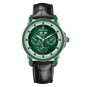 OBLVLO Men's Automatic Mechanical watch , with Moon and Sun Display, Sapphire Crystal, Rectangular Crystal Bezel, and Genuine Leather Strap. trendy all-match watch wrist automatic waterproof steel suitable