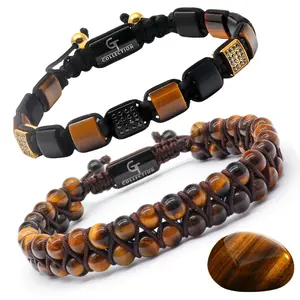 GT Collection 2 Piece Set Tiger Eye Double Bead & Flatbead Bracelet for Men High-End Stones Unique Design Adjustable Cord Energy Protection Jewelry