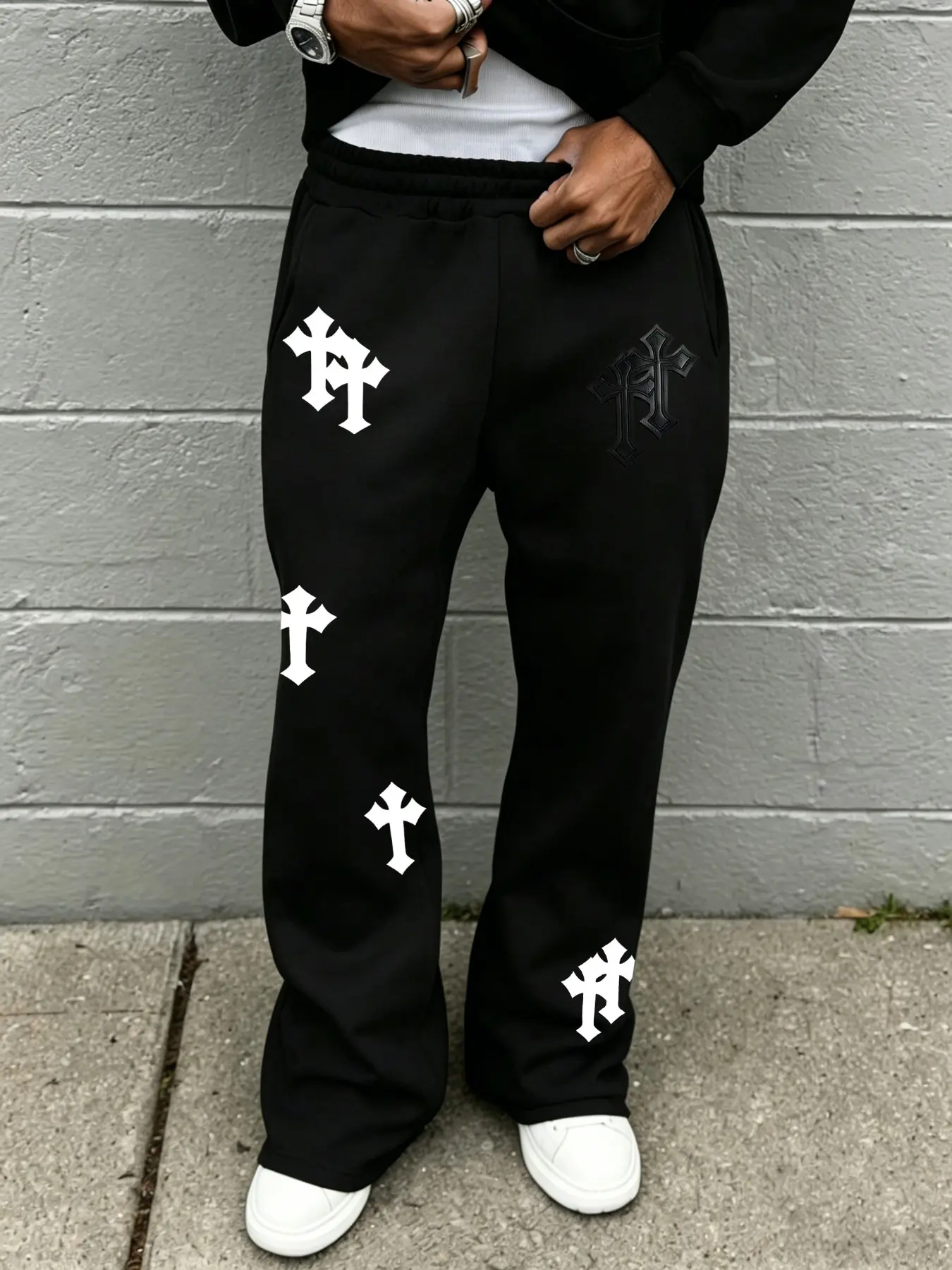 Cross Print Flared Trousers, Unisex Retro Sweatpants, Comfortable Breathable Baggy Loose Fit, Five Sizes Available, Casual Home & Wear