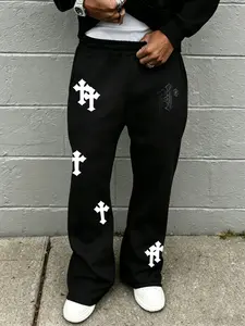Cross Print Flared Trousers, Unisex Retro Sweatpants, Comfortable Breathable Loose Fit, Five Sizes Available, Casual Home & Wear