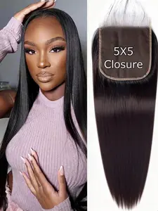 HD Closure 5x5 Straight Closure, Transparent Lace Closure, Virgin Remy Human Hair Frontal Closure, Pre-Plucked with Baby Hair, Natural