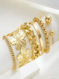 6-piece vintage elegant stackable bracelet set, floral design metal wide bracelet set, women's fashion exaggerated beaded open bracelet for daily jewelry, suitable for women's beach parties, dating gifts, and daily wear jewelry