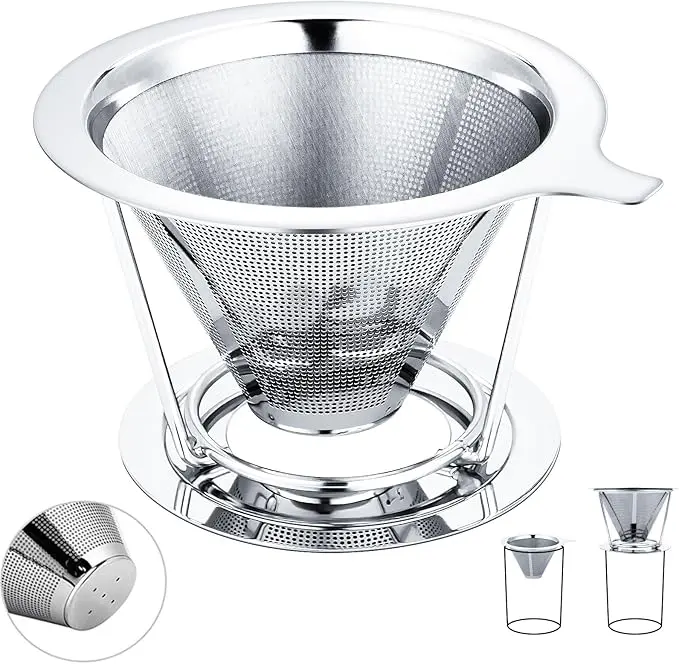 Pour Over Coffee Maker, 1 Count Stainless Steel Coffee Filter, Slow Drip Paperless Stainless Steel Cone Coffee Dripper, Kitchen Accessories