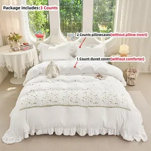 Elegant Embroidered Soft Bedding Set 3 Piece Bed Sets, Includes Fitted Sheet & Pillowcases (no Core), Ruffled Zippered Coverlet, Easy Wash, All Seasons Use, Bedroom Bedding Set