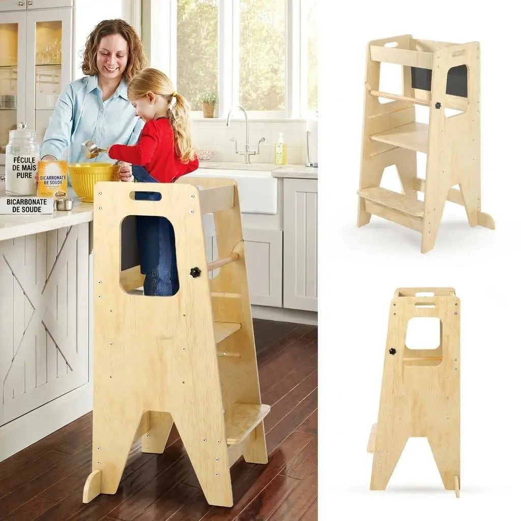 Wooden Toddler Learning Tower, Adjustable Kids Kitchen Stool Helper with Chalkboard and Anti-Slip Mats, Standing Step Tower for Counter Bathroom Use