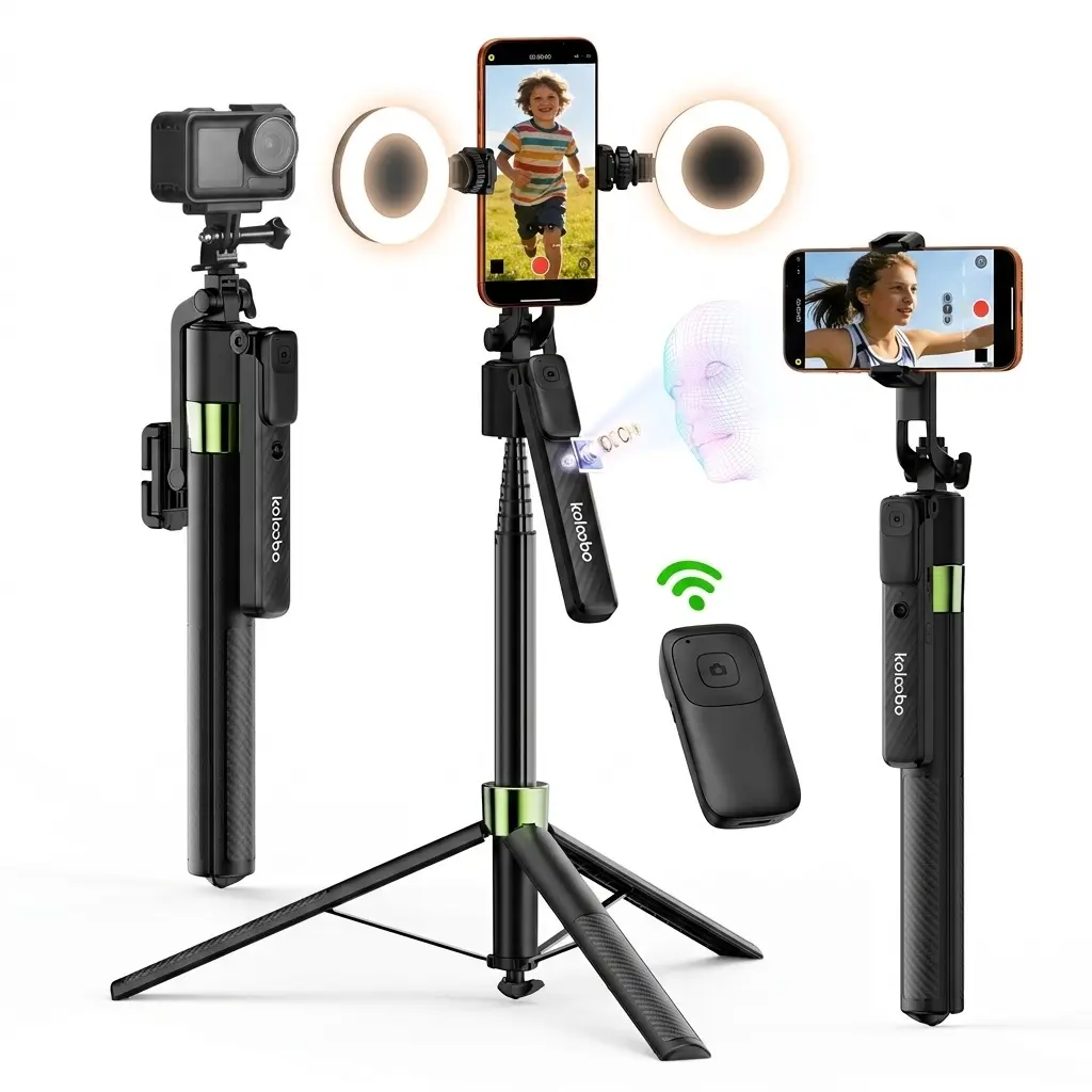 【DealsForYouDays】Koloobo 360° Rotatable Bluetooth Remote Selfie Stick Tripod & Monopod with Lanyard, Storage, Cable, Stabilizer Gimbal, 2 Optional Fill Lights, Textured Black Cellphone Device Accessory for Travel Recording Filming Setup